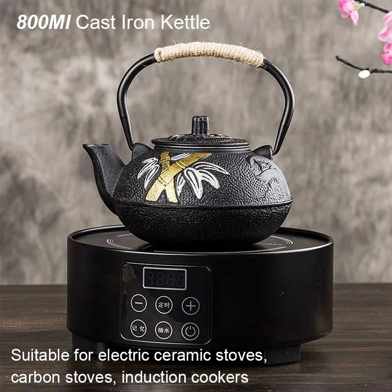 800ML Plum and Bamboo Painted  - Cast Iron Teapot 评论和价格