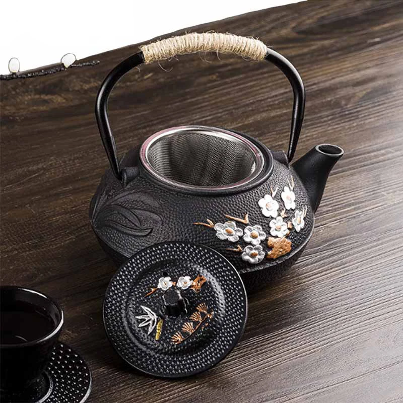 800ML Plum and Bamboo Painted  - Cast Iron Teapot 评论和价格